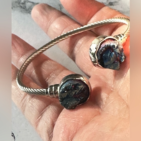 BRACELET CUFF SILVER TONE 6.75 DRUZY BLUE TWISTED ROPE 4139 B - Picture 4 of 13